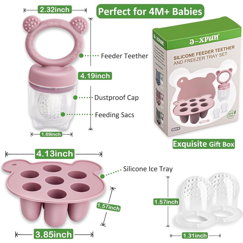 JEXFUN Silicone Baby Fruit Food Feeder & Mini Freezer Nibble Tray, Breastmilk Popsicle Molds for Baby Teething Relief, BPA Free Silicone Teething Toys Feeder for Safe Infant Self Feeding, Extra Food Pouches - Image 3